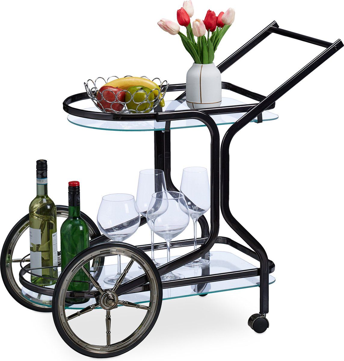 serveerwagen - 2 etages - glas - ijzer - 76 x 46 x 82 cm - op wielen