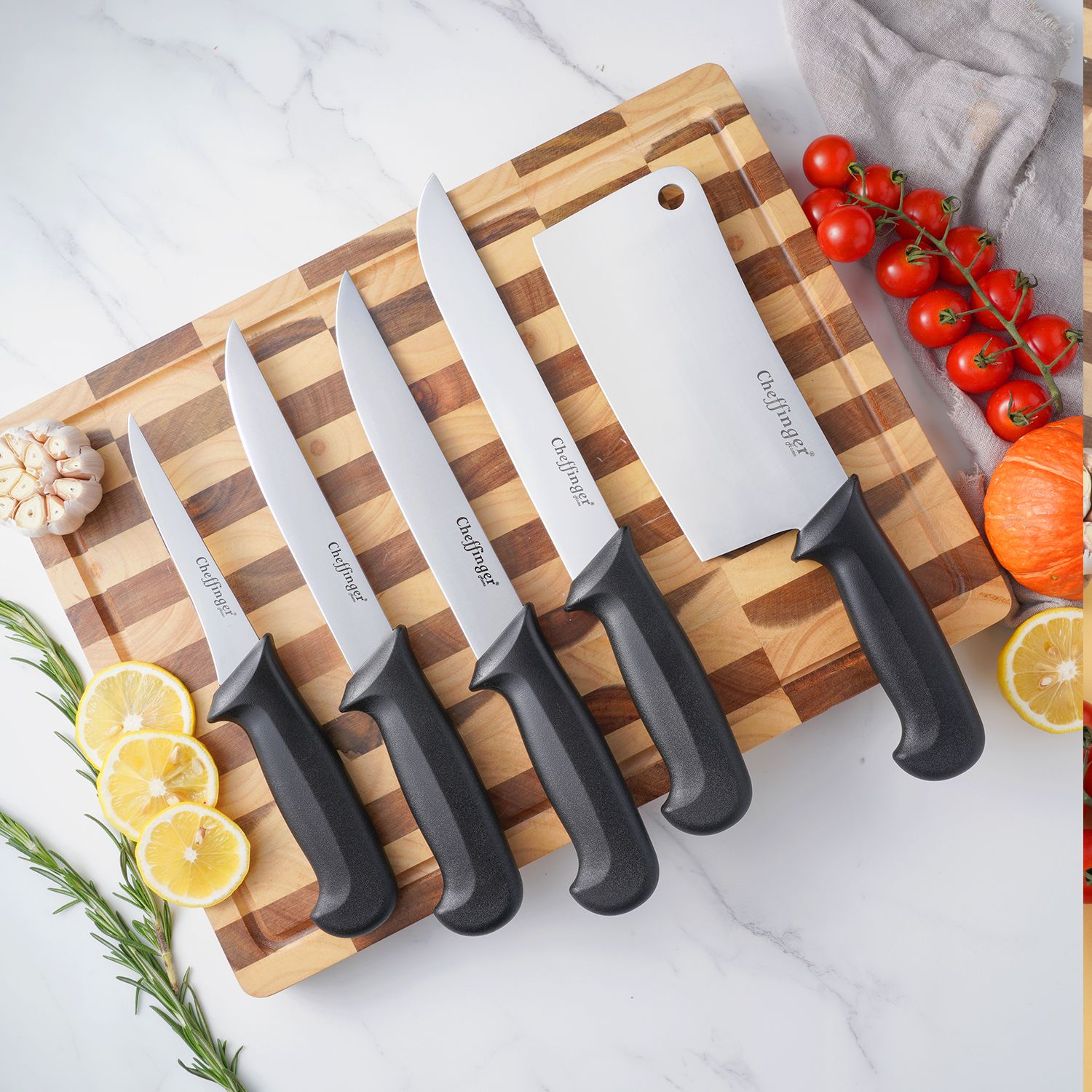 Cheffinger 5-delige Roestvrijstalen Messenset – BBQ, Grill &amp; Keuken – Scherp, Duurzaam &amp; Hygiënisch Zwart