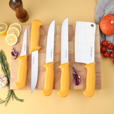 Cheffinger 5-delige Roestvrijstalen Messenset – BBQ, Grill &amp; Keuken – Scherp, Duurzaam &amp; Hygiënisch Geel