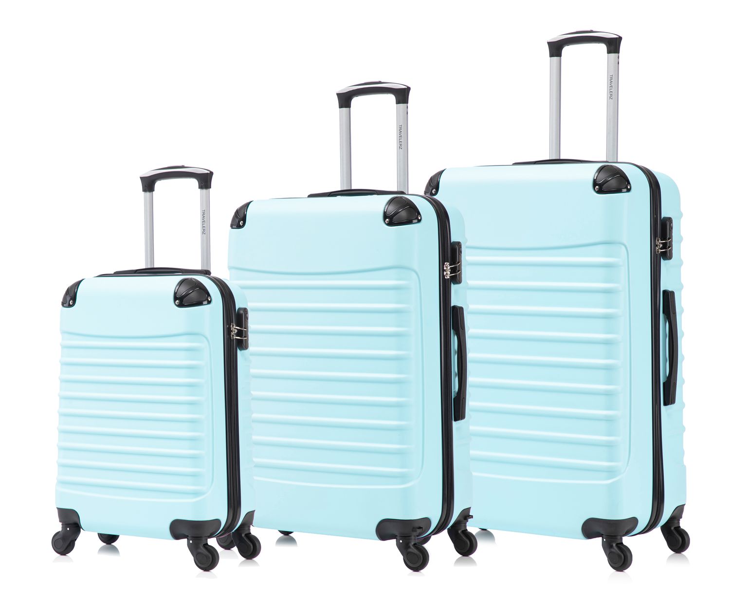 Travelerz Rome – 3-delige kofferset – Handbagage 39L + 69L &amp; Ruimbagage 95L – ABS – Lichtgewicht – Cijferslot – Spinner wielen – ijs Blauw