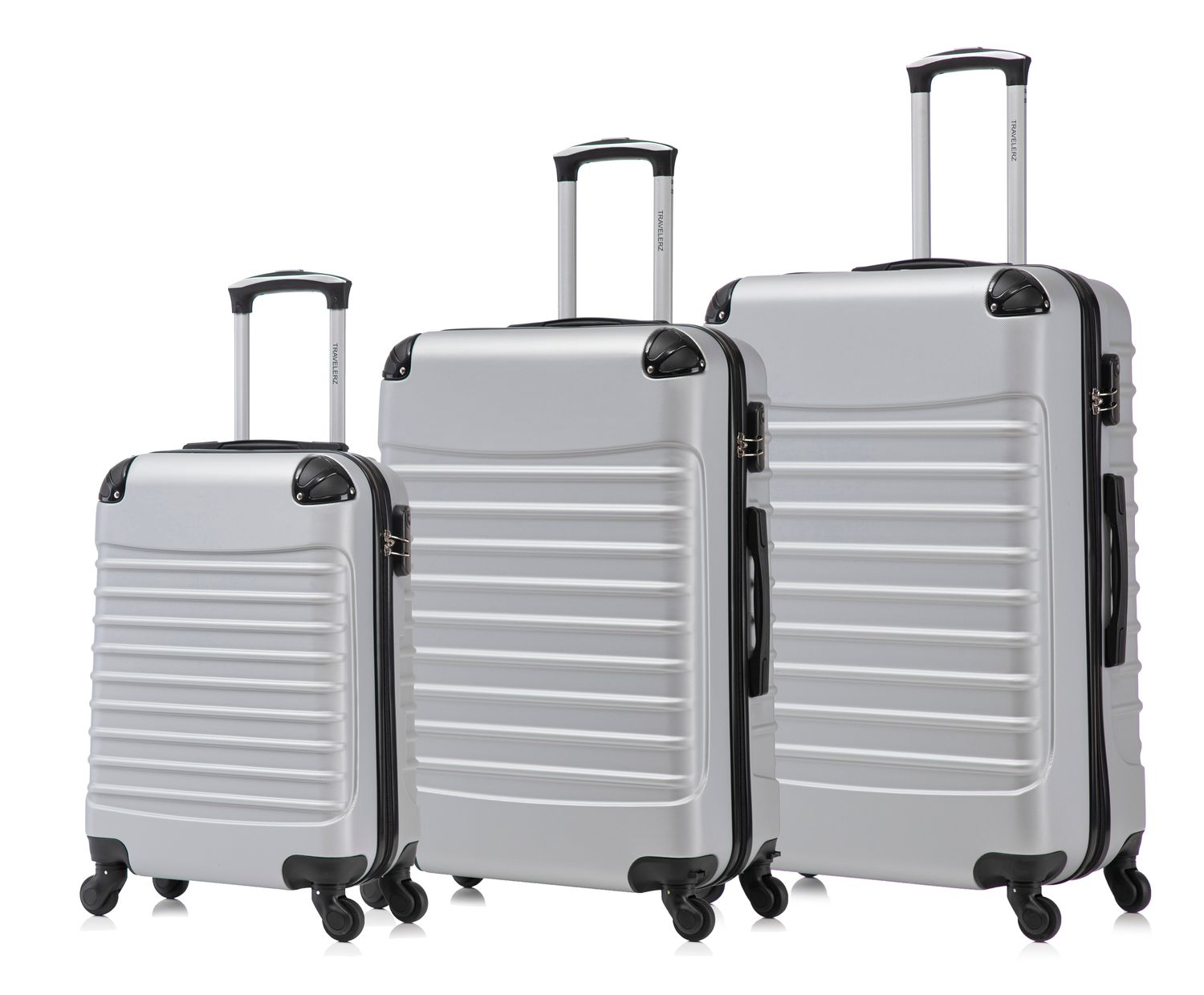 Travelerz Rome – 3-delige kofferset – Handbagage 39L + 69L &amp; Ruimbagage 95L – ABS – Lichtgewicht – Cijferslot – Spinner wielen – Zilver