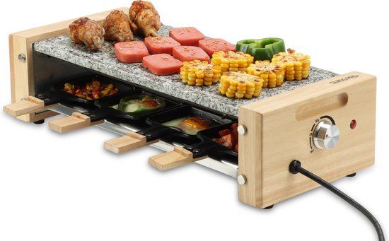 Swiss Pro+ - Gourmetstel - Raclette 8 personen - + GRATIS MARMEREN BAKPLAAT - Gourmetstel – 8 personen - Bamboe behuizing - Nieuw