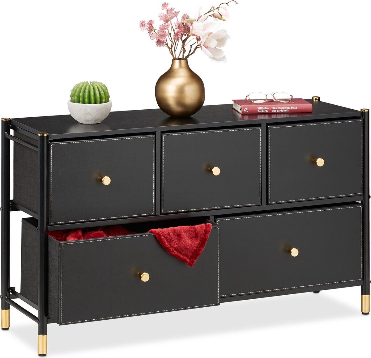 stalen ladekast - 5 stoffen lades - laag - 58,5 x 100 x 30 cm - zwart-goud