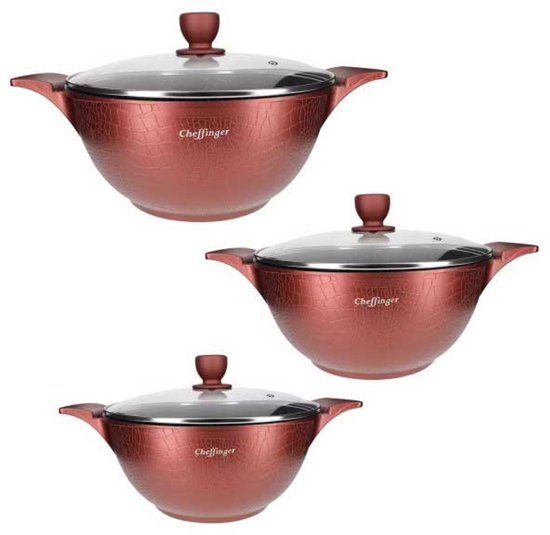 Cheffinger Crocodile Line pannenset 6-delig – pannen 20, 24 &amp; 28 cm – Bordeaux