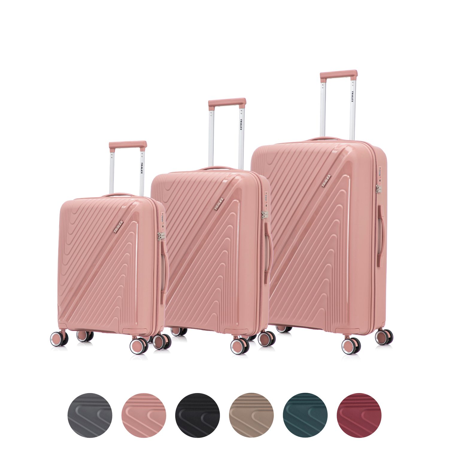 Kofferset Tralex Horizon - 3-delig – 42+67 + 97 liter – Polypropyleen – TSA slot - Oud roze