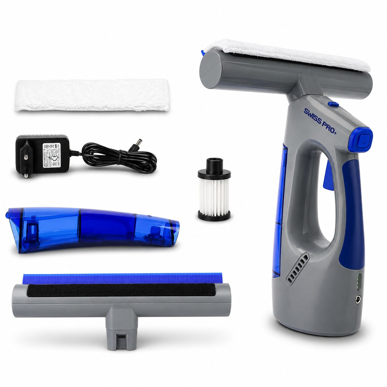 Ruitenreiniger Swiss Pro+  3-in-1 WV2 Blue Edition – Oplaadbare Window Vac met Sprayfunctie, Smalle Zuigmond &amp; 2 Microvezeldoeken
