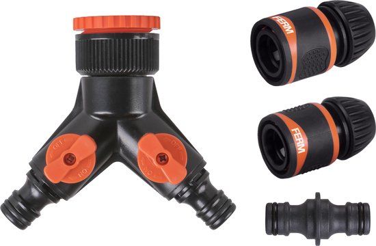 FERM - TCA1008 - 2-weg waterverdeler - Incl. - 2 slangkoppelingen - verlengkoppeling - verloopring - voor - kraanaansluiting