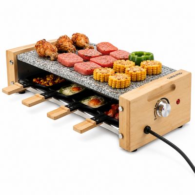 Gourmetstel Swiss Pro+ - Raclette 8 personen - GRATIS MARMEREN BAKPLAAT - 8 personen - Bamboe behuizing