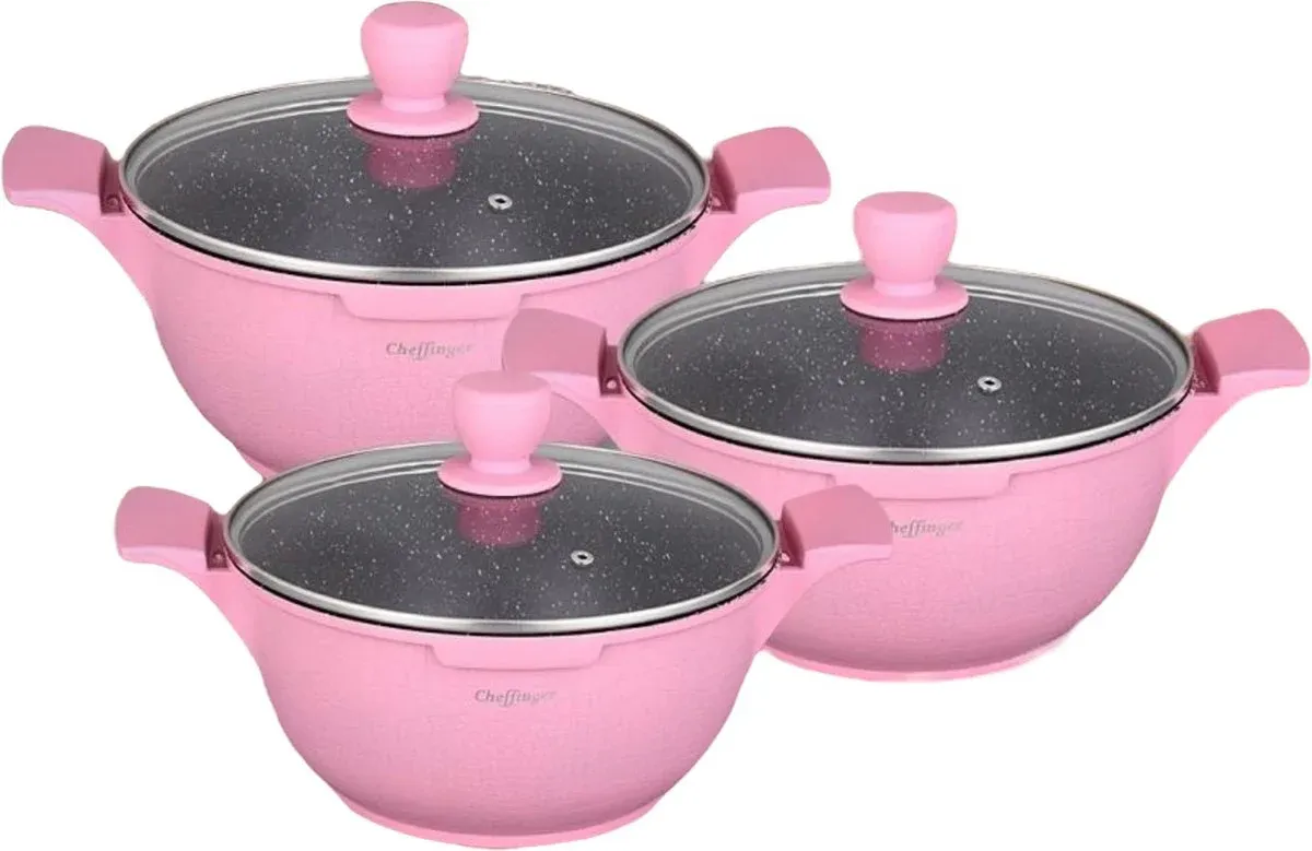 Cheffinger Crocodile Line pannenset 6-delig – pannen 20, 24 &amp; 28 cm – Roze