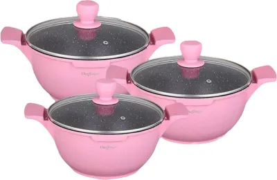 Cheffinger Crocodile Line pannenset 6-delig – pannen 20, 24 &amp; 28 cm – Roze