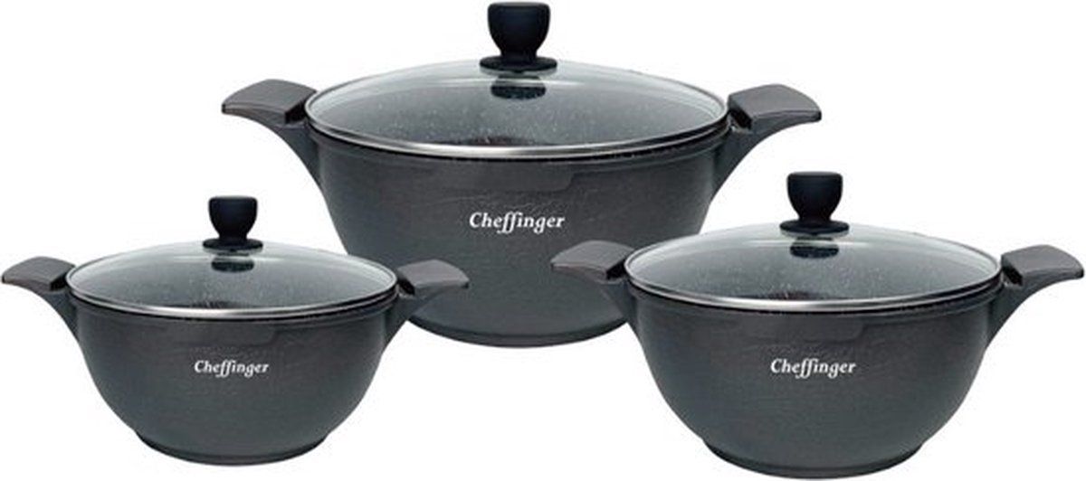 Pannenset Cheffinger Crocodile Line 6-delig – pannen 20, 24 &amp; 28 cm – Zwart