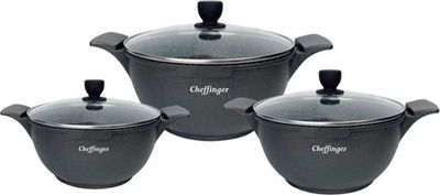 Pannenset Cheffinger Crocodile Line 6-delig – pannen 20, 24 &amp; 28 cm – Zwart