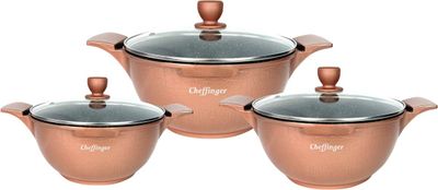 Pannenset Cheffinger Crocodile Line 6-delig – pannen 20, 24 &amp; 28 cm – Brons