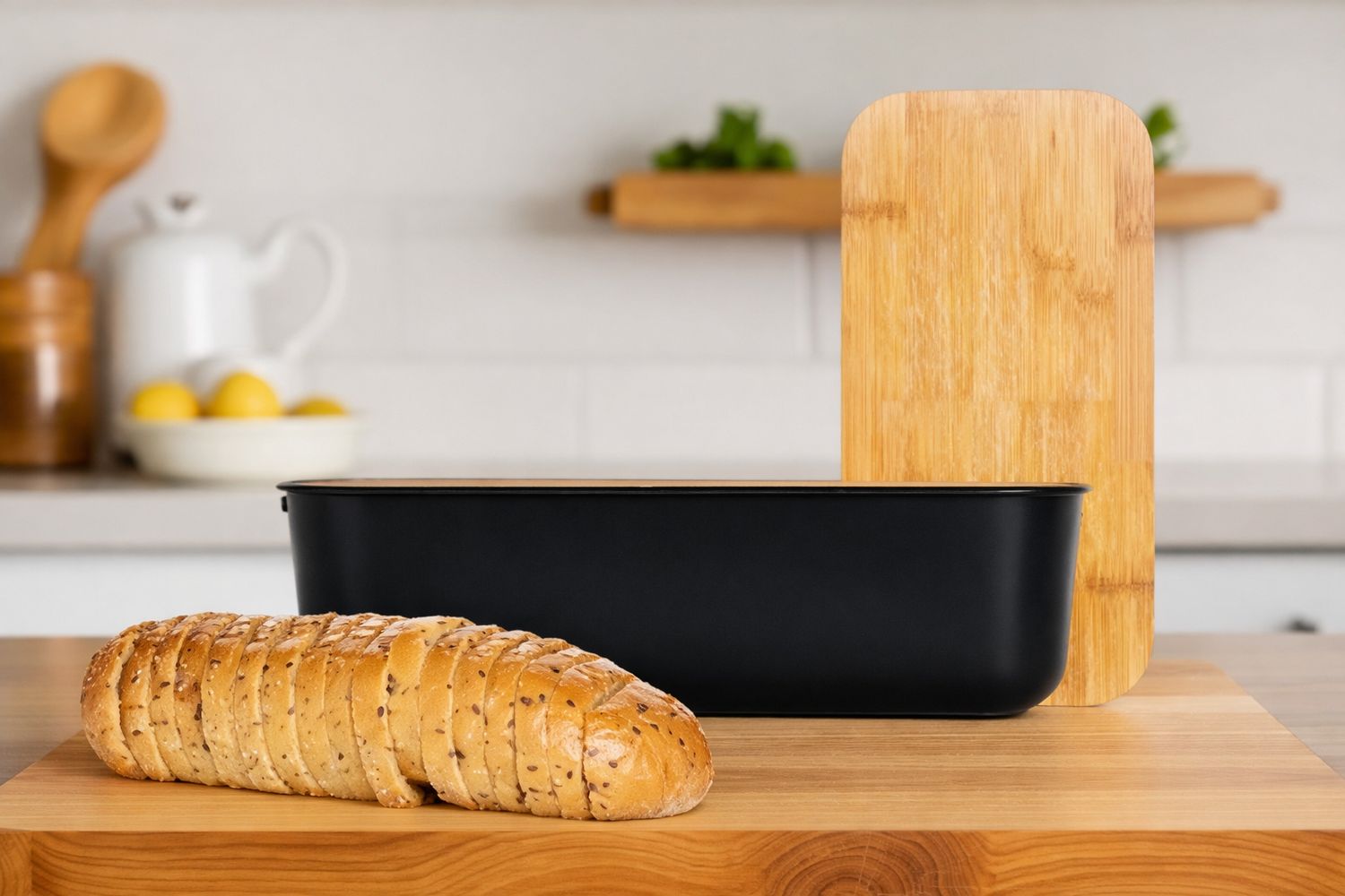 Broodtrommel met Bamboe Deksel – Cheffinger- Zwart – Brooddoos met Snijplank