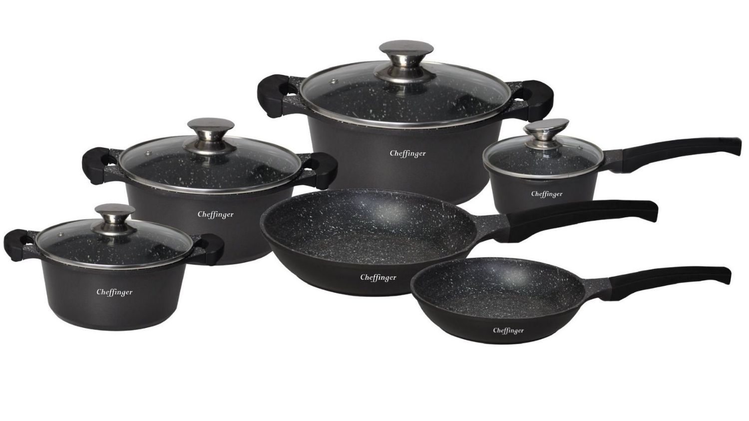 Cheffinger CF-DA1010 10-delige pannenset zwart – Inductie – Gegoten metaal – Soft-touch handgrepen