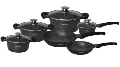Cheffinger CF-DA1010 10-delige pannenset zwart – Inductie – Gegoten metaal – Soft-touch handgrepen