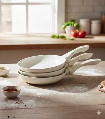 Cheffinger Luxe Koekenpannenset 3-delig Beige – Keramische Anti-aanbaklaag – Ø20/24/28 cm