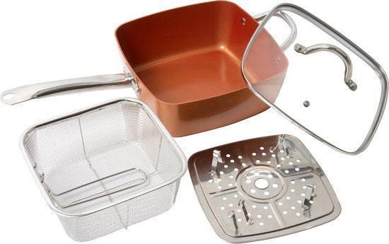 Swiss Pro+ Vierkante Frituur- en Stoompan met Deksel – Koperen Coating – Inclusief Frituurmand &amp; Stomer – Geschikt voor Inductie