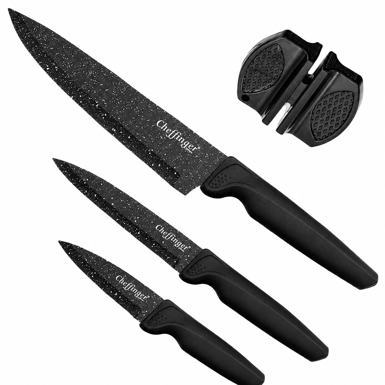 Cheffinger Messenset 4-delig – 3 Keukenmessen met Messenslijper – Zwart