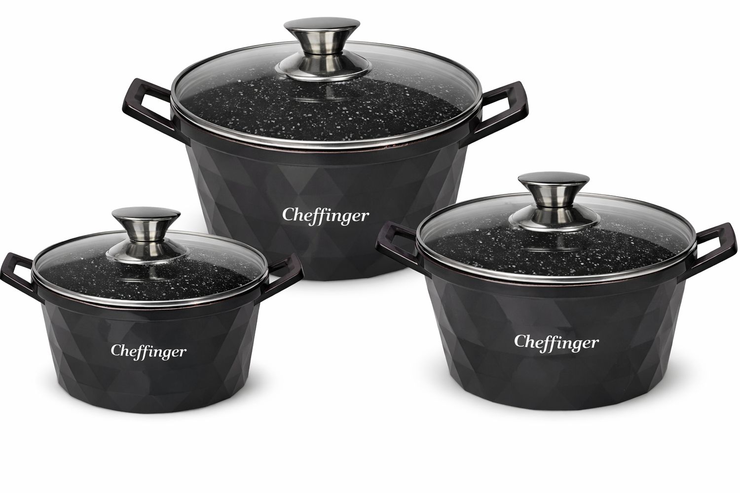 Cheffinger Diamond Line Kookpannenset – 6-delig – 20/24/28 cm – Keramische antiaanbaklaag – Inductie – Zwart