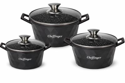 Cheffinger Diamond Line Kookpannenset – 6-delig – 20/24/28 cm – Keramische antiaanbaklaag – Inductie – Zwart