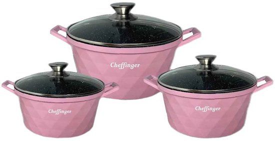 Cheffinger Diamond Line Kookpannenset – 6-delig – 20/24/28 cm – Keramische antiaanbaklaag – Inductie – Roze