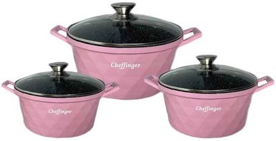 Cheffinger Diamond Line Kookpannenset – 6-delig – 20/24/28 cm – Keramische antiaanbaklaag – Inductie – Roze