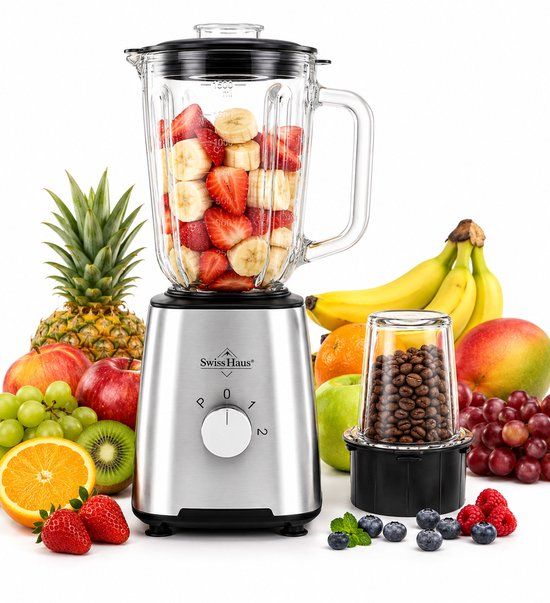Swiss Haus® BL2215 Blender 500 W – Glazen kan 1,5 l – Kruidenmolen 200 ml – 2 snelheden en pulsfunctie – RVS messen – Zermatt Glacier Collection