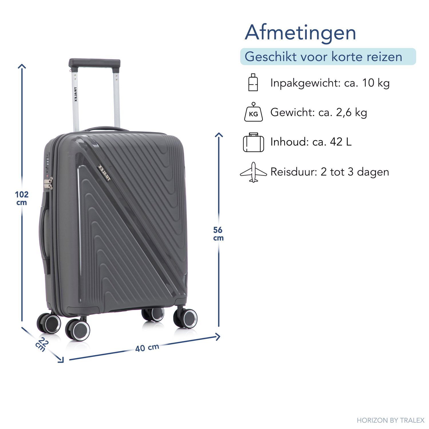 TRALEX - Horizon - Handbagage - 42L - 56x40x22cm - Polypropyleen - TSA-slot - verkrijgbaar in 6 kleuren