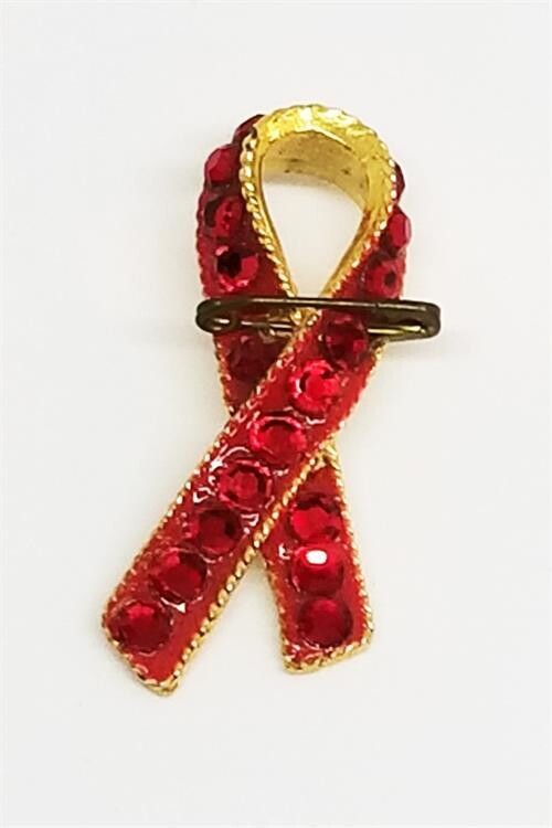 RHINESTONE RED RIBBON LAPEL PIN