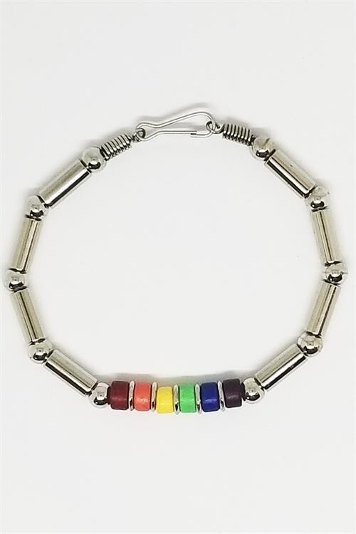 RAINBOW CERAMIC BEADS & SILVER BRACELET 8"