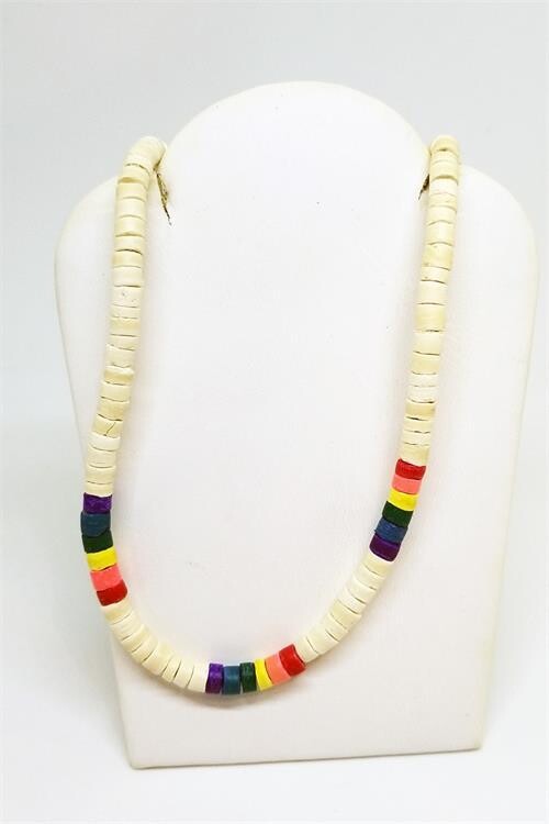 ROUND SHELL WHITE & RAINBOW BEADS NECKLACE