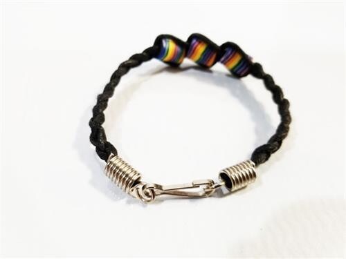 BRAIDED LEATHER & RAINBOW FIMO BEADS BRACELET, Size: 7"