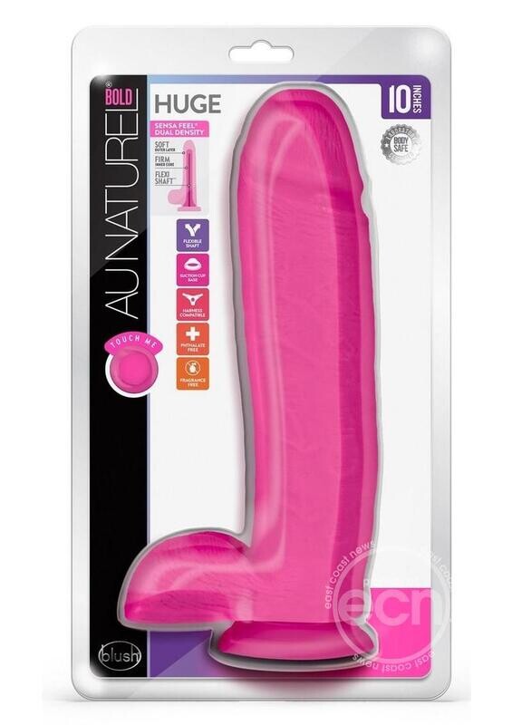 AU NATUREL BOLD HUGE DILDO WITH SUCTION CUP AND BALLS 10", Color: PINK