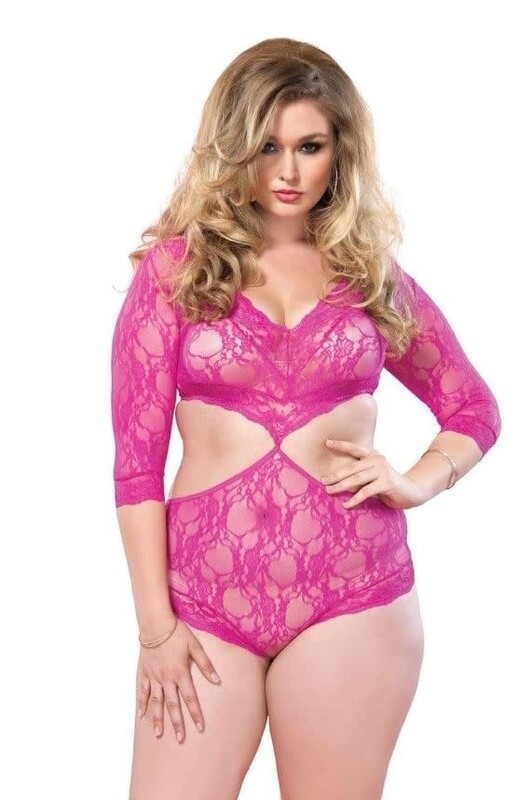 FLORAL LACE DEEP V CUT OUT TEDDY PLUS SIZE