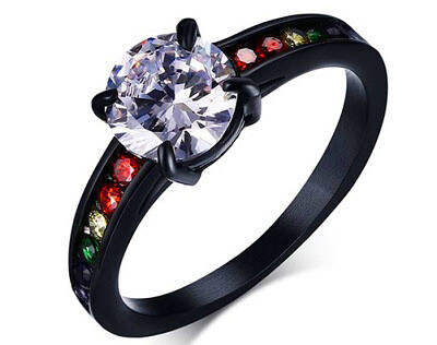 BLACK STAINLESS RAINBOW STONES WITH CENTER CZ RING