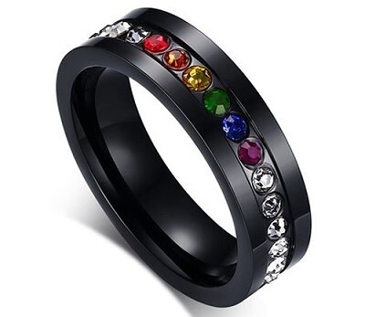 BLACK STAINLESS STEEL RAINBOW STONES RING