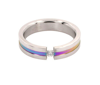 STAINLESS STEEL ANODIZED RING WITH TENSION PLACED GEM
