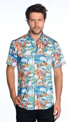 MIZUMI SHORT SLEEVE SHIRT WHITE SKULL PRINT TEAL