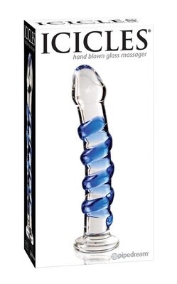 ICICLES NO5 TEXTURED GLASS DILDO 7.25inch CLEAR & BLUE