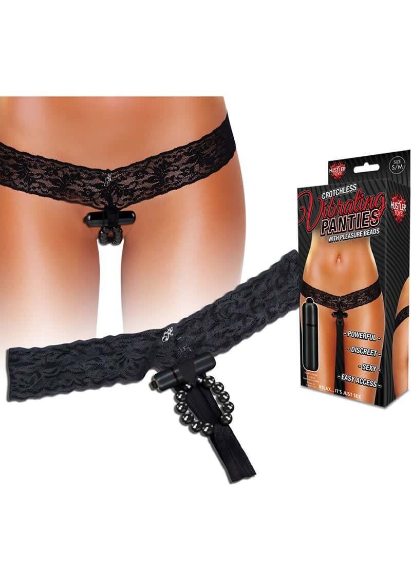 HUSTLER CROTCHLESS VIBRATING PANTIES WITH PLEASURE BEADS BLACK M/L