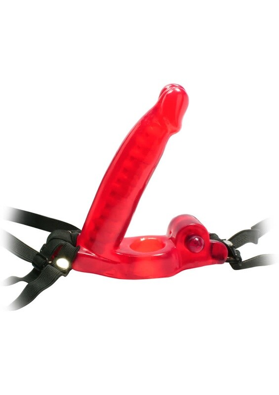 DOUBLE PENTRATOR STRAP ON VIBRATING COCK RING RED