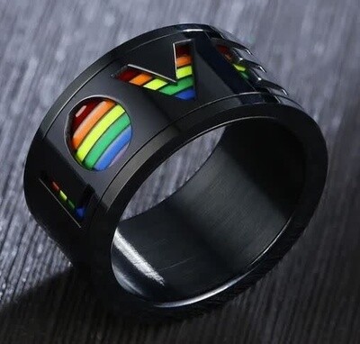 STAINLESS 'LOVE' CUT OUT WITH RAINBOW STRIPE RING