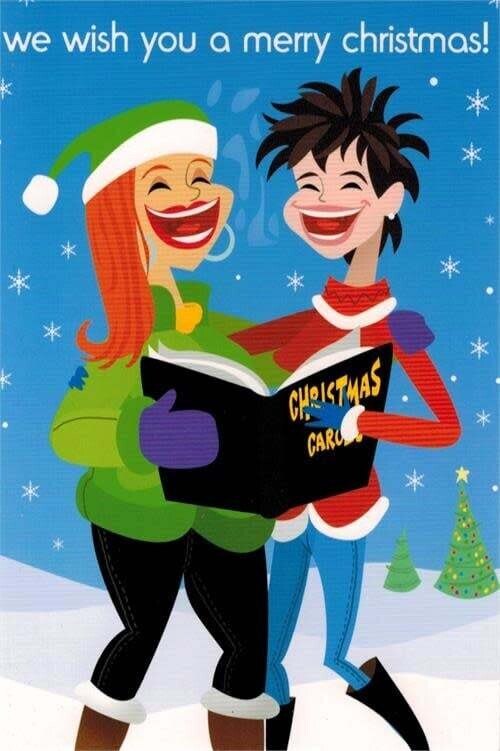 X-MAS CARD 2 WOMEN SINGING, WE WISH YOU A MERRY CHRISTMAS!