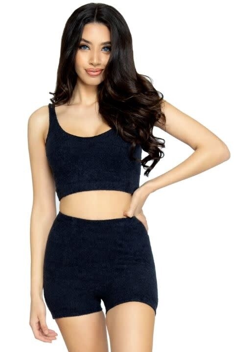ULTRA-SOFT COZY KNIT SLEEPWEAR BLACK CROP TOP/BOY SHORTS/KNEE HIGH SOCKS