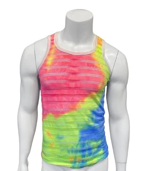 KNOBS TIE DYE STRIPED MESH TANK WITH WHITE TRIM