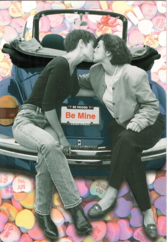 VALENTINE CARD-GIRLS KISSING ON VW BUG W/ BE MINE