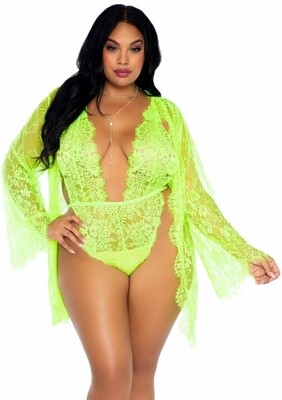 LEG AVENUE 3 PC FLORAL LACE TEDDY WITH ROBE QUEEN SIZE NEON GREEN