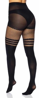 SEAMLESS OPAQUE THIGH HIGHS WITH FISHNET ACCENT BLACK ONE SIZE