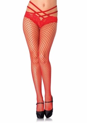 INDUSTRIAL NET PANTYHOSE WITH LACE PANTY RED ONE SIZE